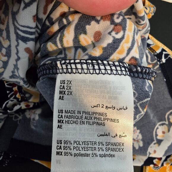 JM Collection Women's Plus Floral V Neck Waist Tie Detail‎ Blouse Blue Yellow 2X - Picture 9 of 12